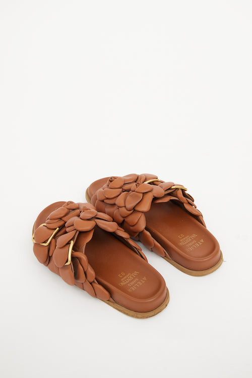 Valentino Brown Leather Flower Applique Slide