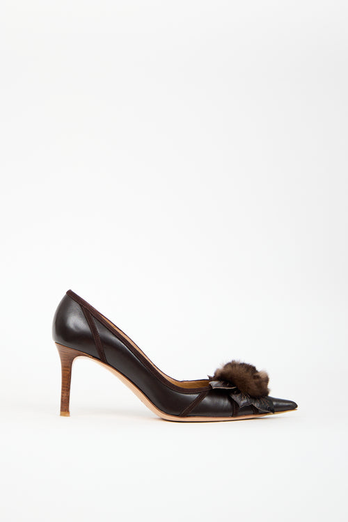 Valentino Brown Leather & Fur Flower Pump