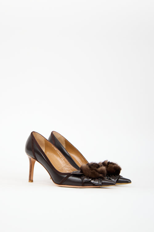 Valentino Brown Leather & Fur Flower Pump