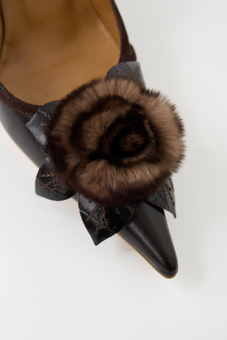 Valentino Brown Leather & Fur Flower Pump