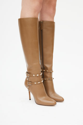 Valentino Brown Leather Knee High Rockstud Boot