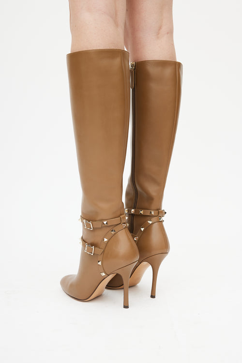 Valentino Brown Leather Knee High Rockstud Boot