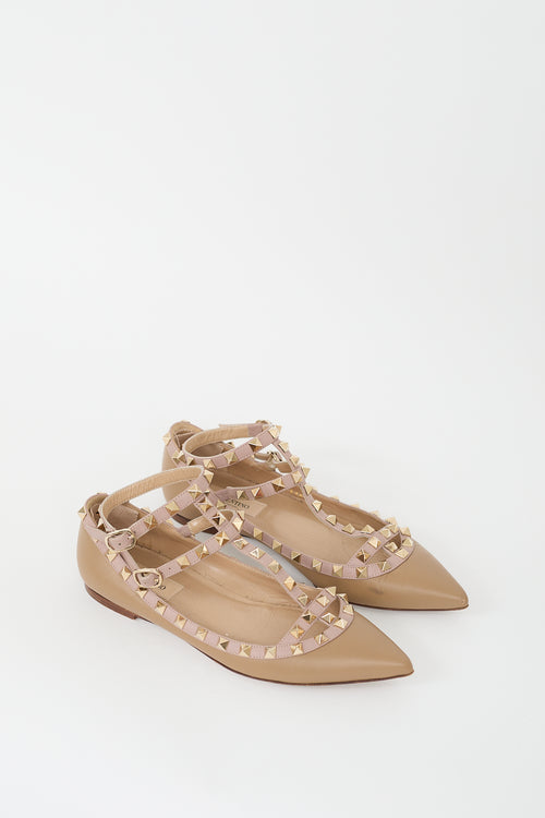 Valentino Brown Leather Rockstud Caged Flat