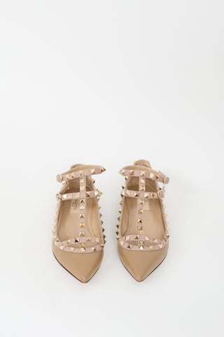 Valentino Brown Leather Rockstud Caged Flat