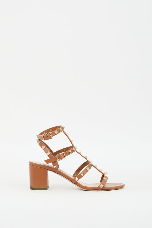 Valentino Brown Leather Caged Rockstud Sandal