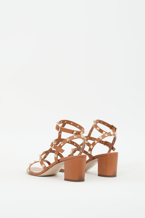 Valentino Brown Leather Caged Rockstud Sandal