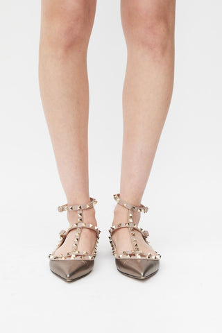 Valentino Brown & Pink Metallic Leather Rockstud Caged Ballet Flat