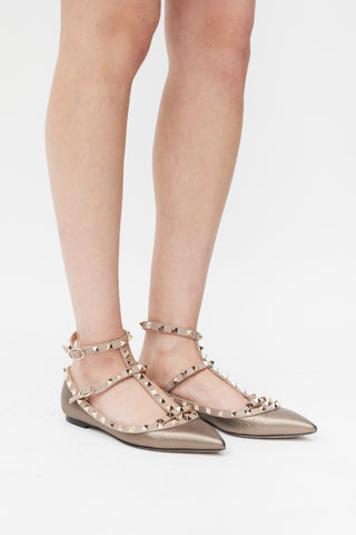Valentino Brown & Pink Metallic Leather Rockstud Caged Ballet Flat