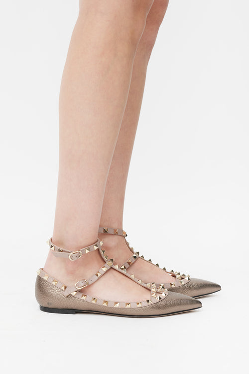 Valentino Brown & Pink Metallic Leather Rockstud Caged Ballet Flat