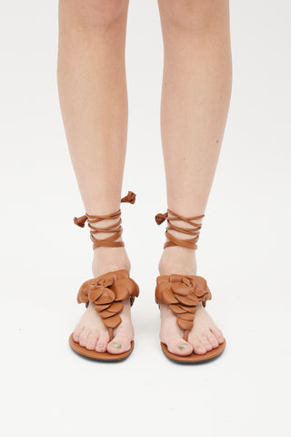 Valentino Brown Rose Edition Leather Floral Sandal