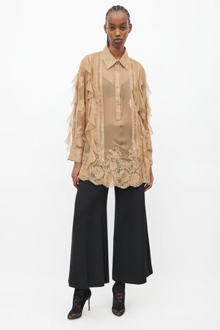Valentino Brown Sheer Lace Ruffle Blouse