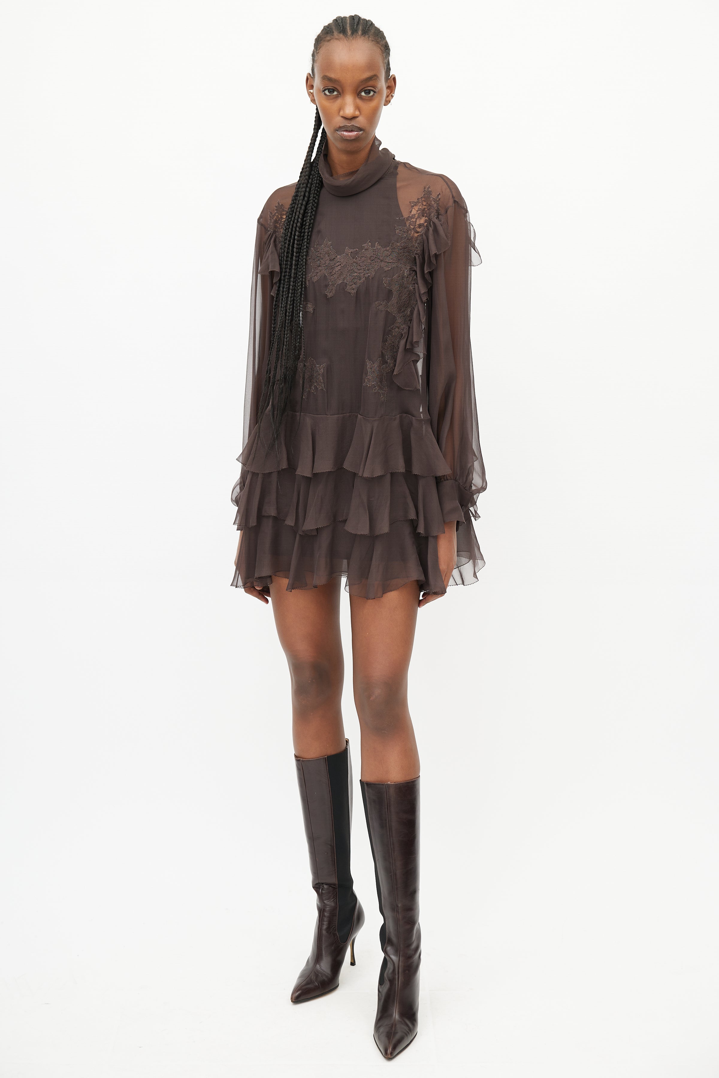 Valentino // Brown Sheer Ruffled Lace Dress – VSP Consignment Valentino // Brown Sheer Ruffled Lace Dress – VSP Consignment