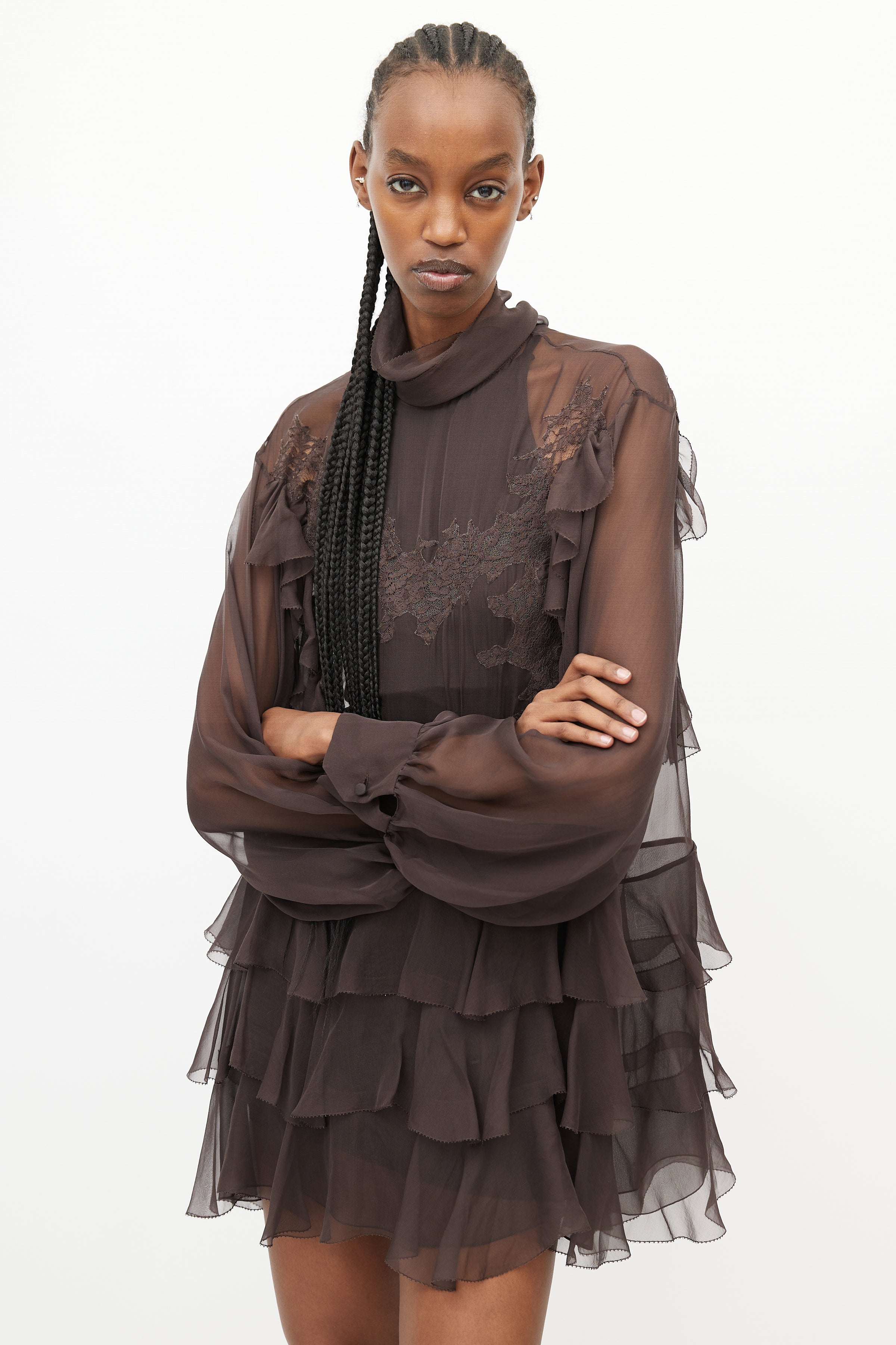 Valentino // Brown Sheer Ruffled Lace Dress VSP Consignment Valentino // Brown Sheer Ruffled Lace Dress VSP Consignment