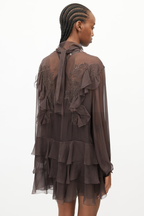 Valentino Brown Sheer Ruffled Lace Dress