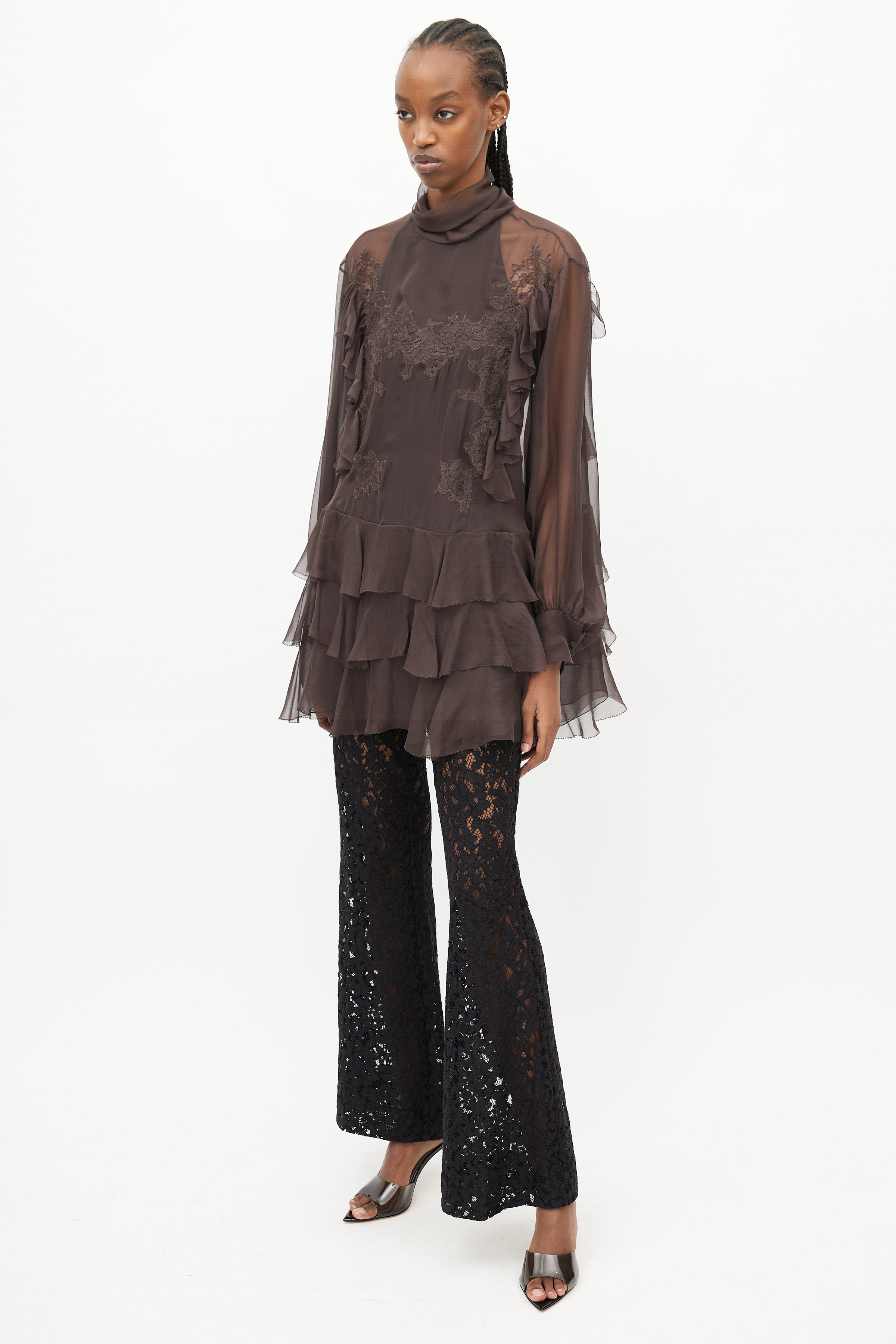 Valentino // Brown Sheer Ruffled Lace Dress VSP Consignment Valentino // Brown Sheer Ruffled Lace Dress VSP Consignment
