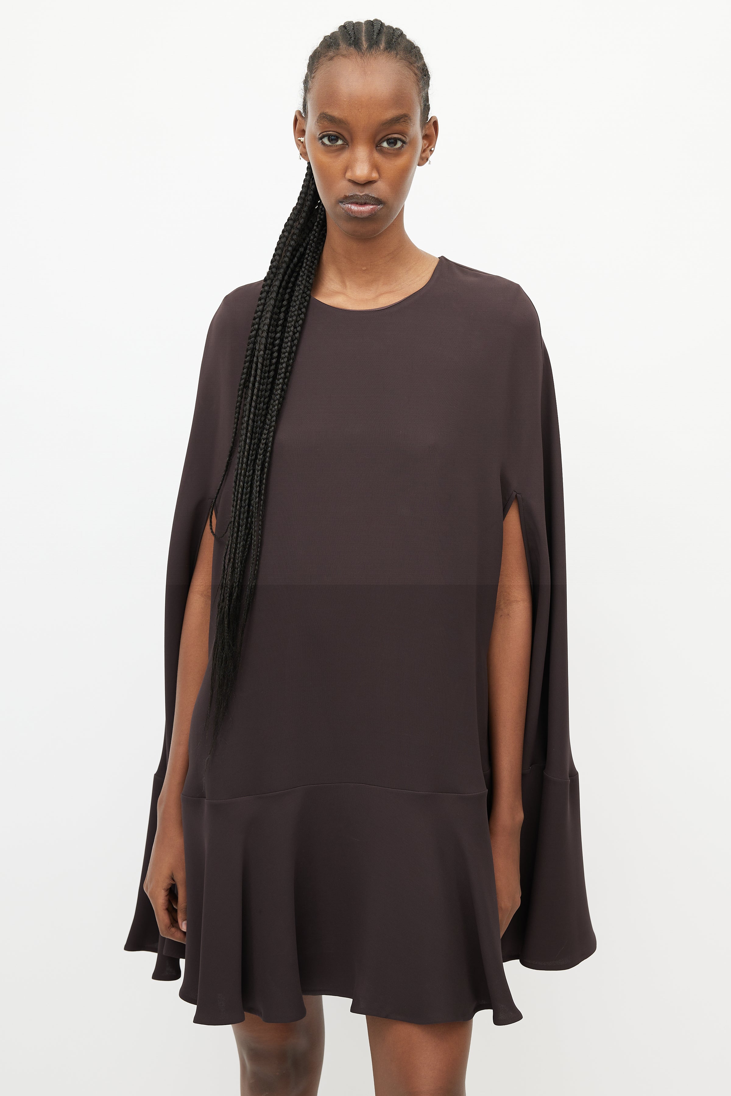 Valentino // Brown Silk Ruffled Cape Dress VSP Consignment Valentino // Brown Silk Ruffled Cape Dress VSP Consignment