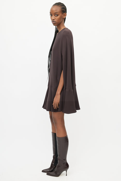 Valentino Brown Silk Ruffled Cape Dress