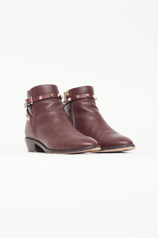 Valentino Burgundy Leather & Rockstud Ankle Boot