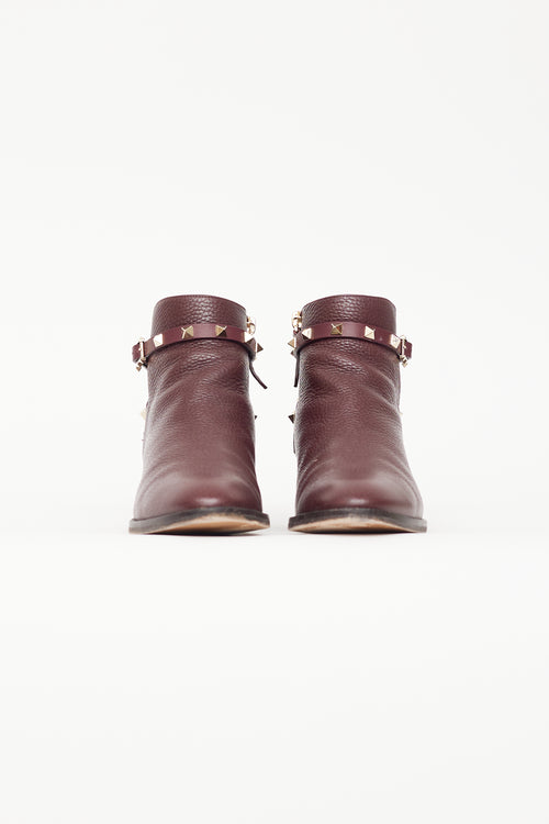 Valentino Burgundy Leather & Rockstud Ankle Boot