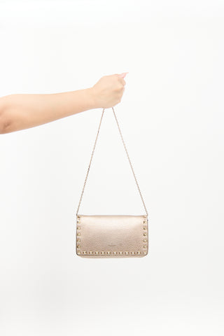 Valentino Champagne Metallic Leather Rockstud Flap Bag