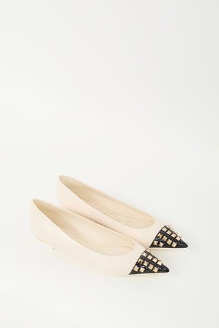 Valentino Cream & Black Leather Rockstud Pointed Toe Flat