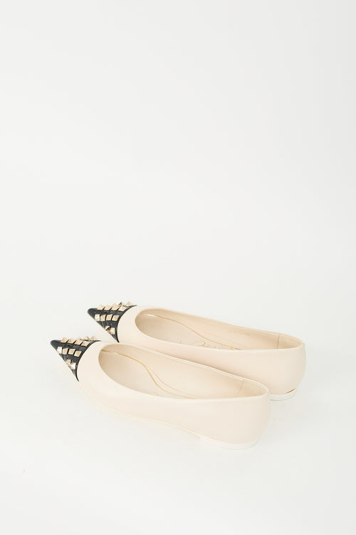 Valentino Cream & Black Leather Rockstud Pointed Toe Flat