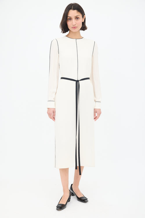 Valentino Cream & Black Silk Belted Midi Dress