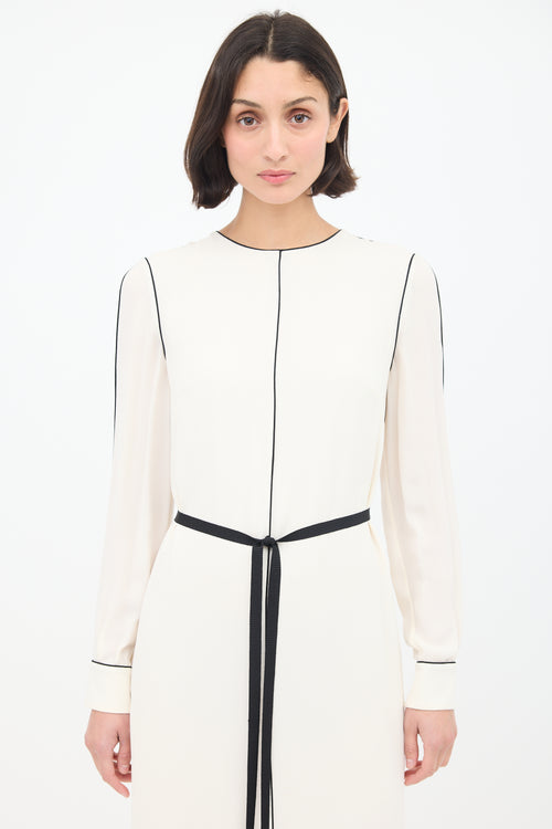 Valentino Cream & Black Silk Belted Midi Dress