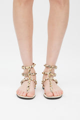 Valentino Cream & Grey Textured Leather Rockstud Caged Sandal