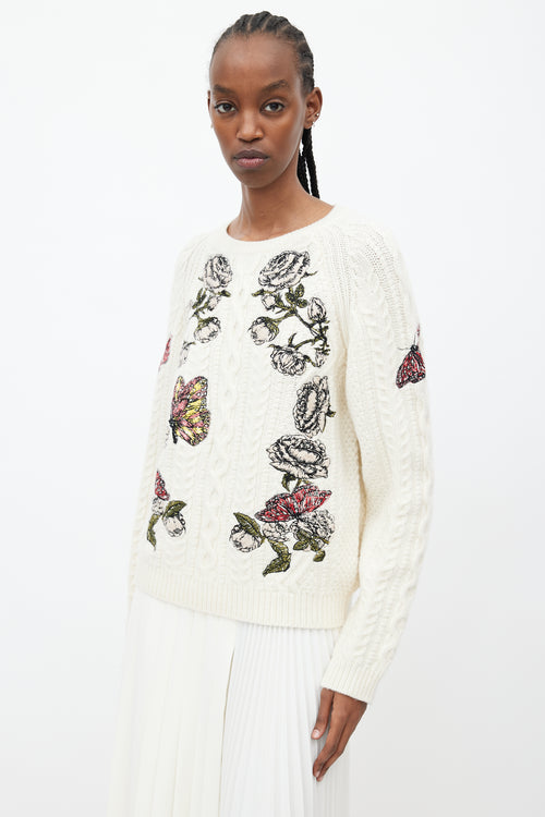Valentino Cream & Multicolour Floral Cableknit Sweater
