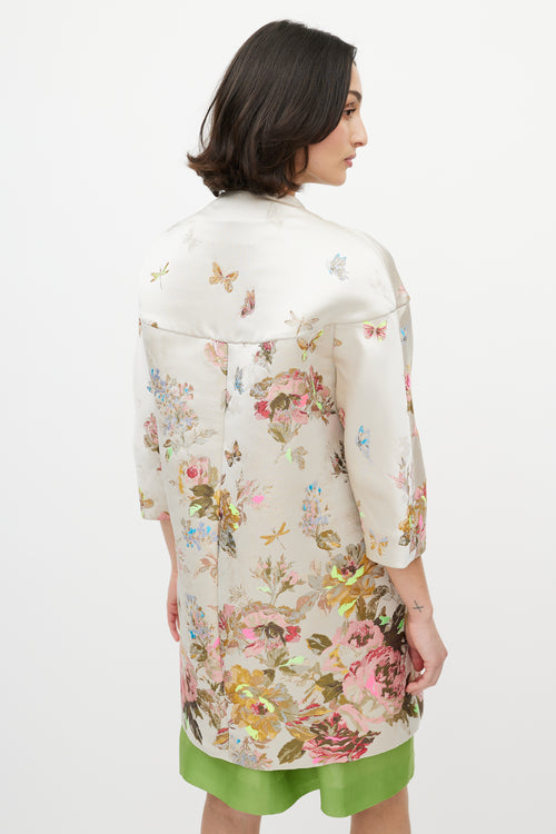 Valentino Cream & Multicolour Silk Floral Jacquard Coat