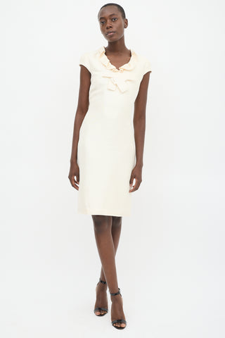 Valentino Cream Silk Ruffled Collar Sheath Dress