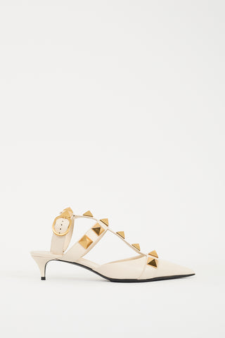 Valentino Cream & Gold Leather Roman Stud Low Heel