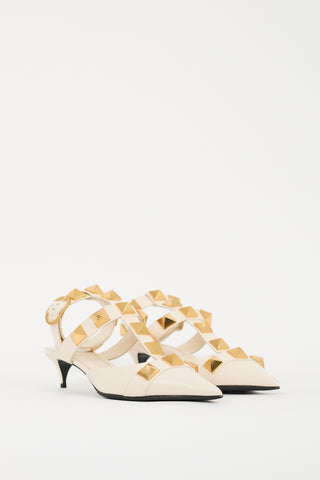 Valentino Cream & Gold Leather Roman Stud Low Heel