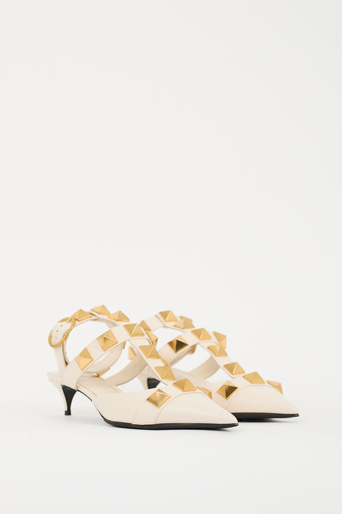 Valentino Cream & Gold Leather Roman Stud Low Heel