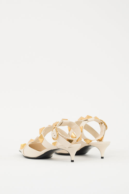 Valentino Cream & Gold Leather Roman Stud Low Heel