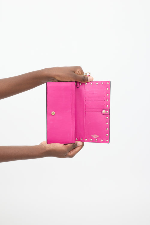 Valentino Fuchsia Leather Rockstud Long Bifold Wallet