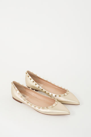 Valentino Gold Leather Rockstud Ballet Flat