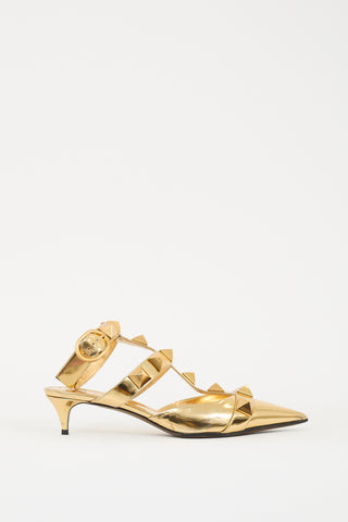 Valentino Gold Patent Roman Stud Low Heel