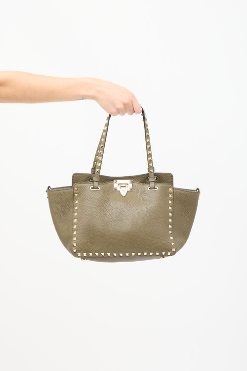 Valentino Green Leather Rockstud Small Tote Bag