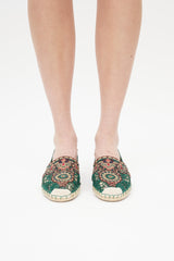 Valentino Green & Multicolour Embroidered Leather Espadrille