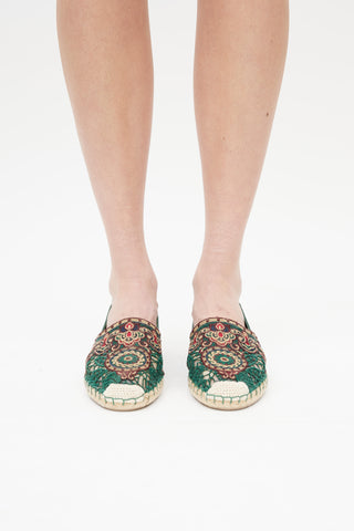 Valentino Green & Multicolour Embroidered Leather Espadrille