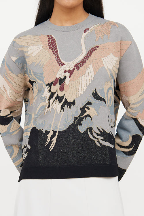 Valentino Grey & Multi Crane Shimmer Sweater