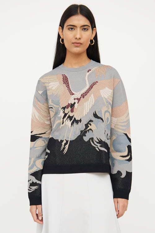 Valentino Grey & Multi Crane Shimmer Sweater