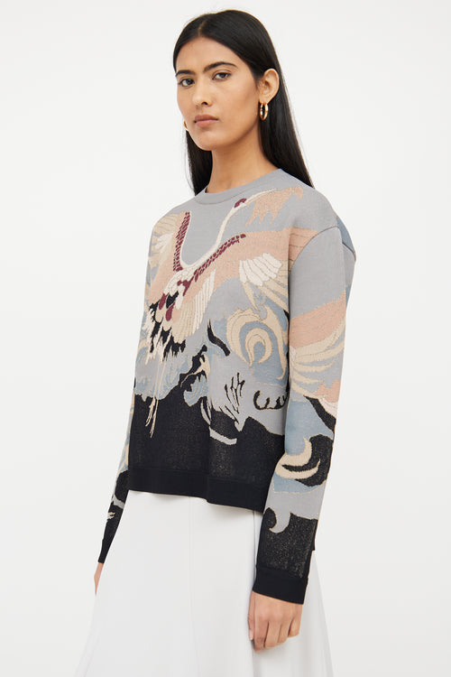 Valentino Grey & Multi Crane Shimmer Sweater