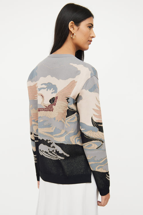 Valentino Grey & Multi Crane Shimmer Sweater