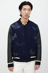 Valentino Navy & Black Wool Embroidered Varsity Jacket