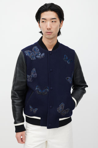 Valentino Navy & Black Wool Embroidered Varsity Jacket