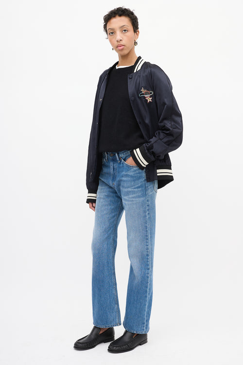 Valentino Navy Satin Embellished Bomber Jacket