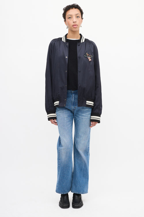 Valentino Navy Satin Embellished Bomber Jacket